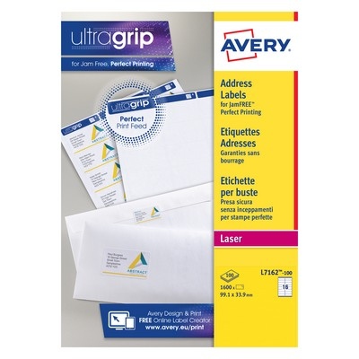 Avery Jam Free White Laser Labels (16 Per Sheet) Box 1600 Labels