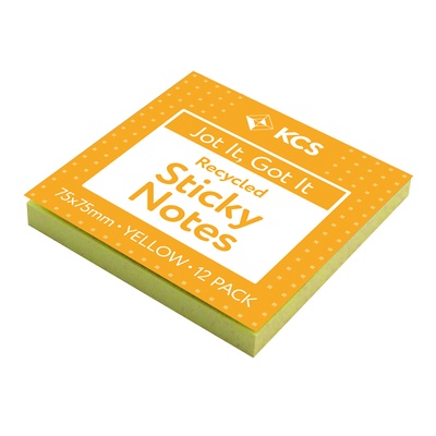 KCS Recycled Sticky Notes, 75 x 75mm, Yellow, Pack 12