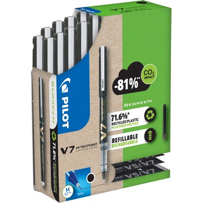 V7 Refillable Liquid ink roller. Black, medium tip. Pack 10 Pens + 10 Sets of 3 Refills